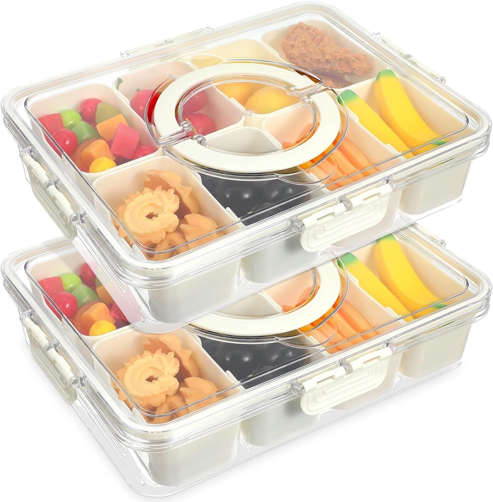 2 Pack Tackle Snack Box, Snack Container, Divided Serving Tray with Lid and Handle, Portable Snacklebox for Travel, Charcuterie, Veggie, Fruit, Candy