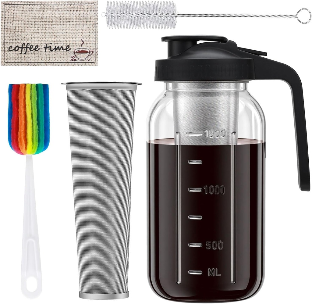 Cold Brew Coffee Maker, 64oz Iced Coffee Tea Pitcher with Stainless Steel Filter & Coffee Mat, 1/2 Gallon Heavy Duty Glass Mason Jar Cold Brew Maker with Pour Spout Handle Lid, 2 Brushes, Leak-Proof