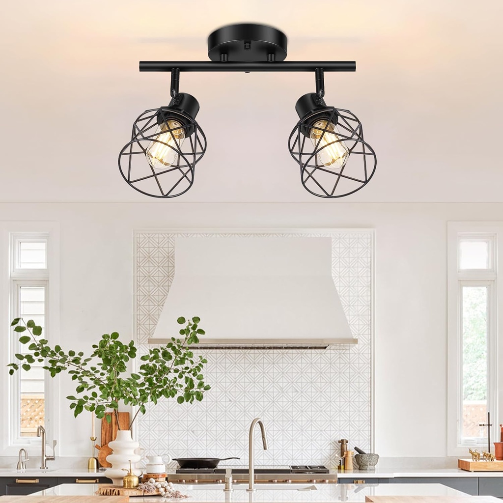 2-Lights Kitchen Light Fixtures Ceiling Mount, Adjustable Semi Flush Mount Ceiling Light with Metal Wire Cage, Vintage Track Spotlight Ceiling Fixtures for Dining Room, Farmhouse, Entryway