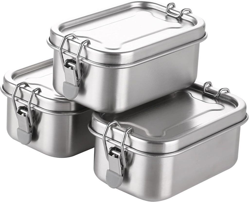 BEFOY Small Stainless Steel Food Containers with Lids 13.4oz Set Of 3 Snack Box Metal Lunch Containers, 304 Condiments Bento Box Fruit For Kids & Adults, Dishwasher Safe (3PCS)