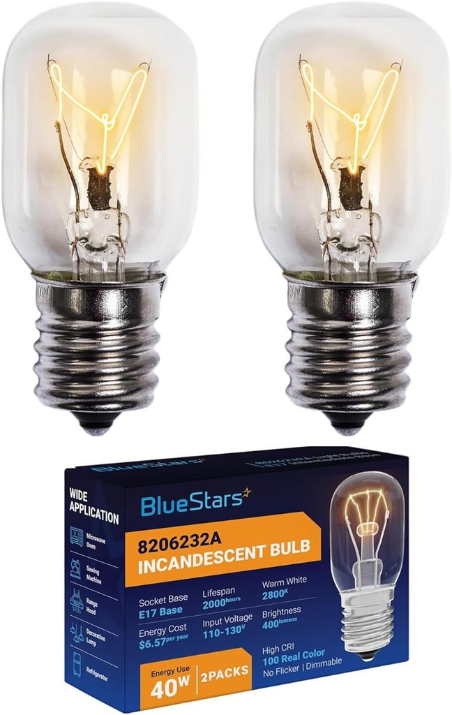 BlueStars 2 Packs 8206232A Microwave Oven Light Bulb 40W 125V E17 Base, Compatible with Whirlpool Under Hood Microwave Bulb, Lava Lamp, Salt Lamp Bulbs, Replaces 1890433 8206232 AP4512653