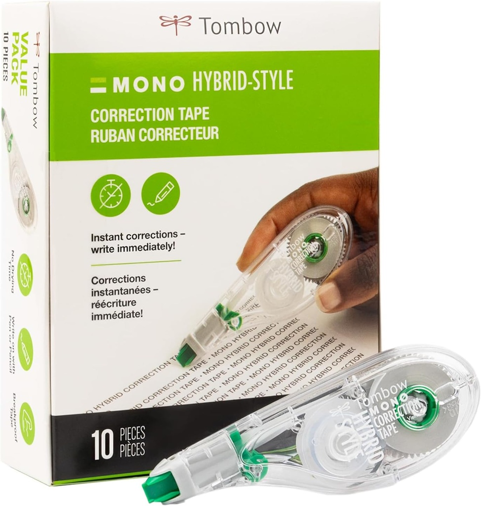 Tombow 68721 MONO Hybrid Correction Tape, 10-Pack. Easy To Use Applicator for Instant Corrections