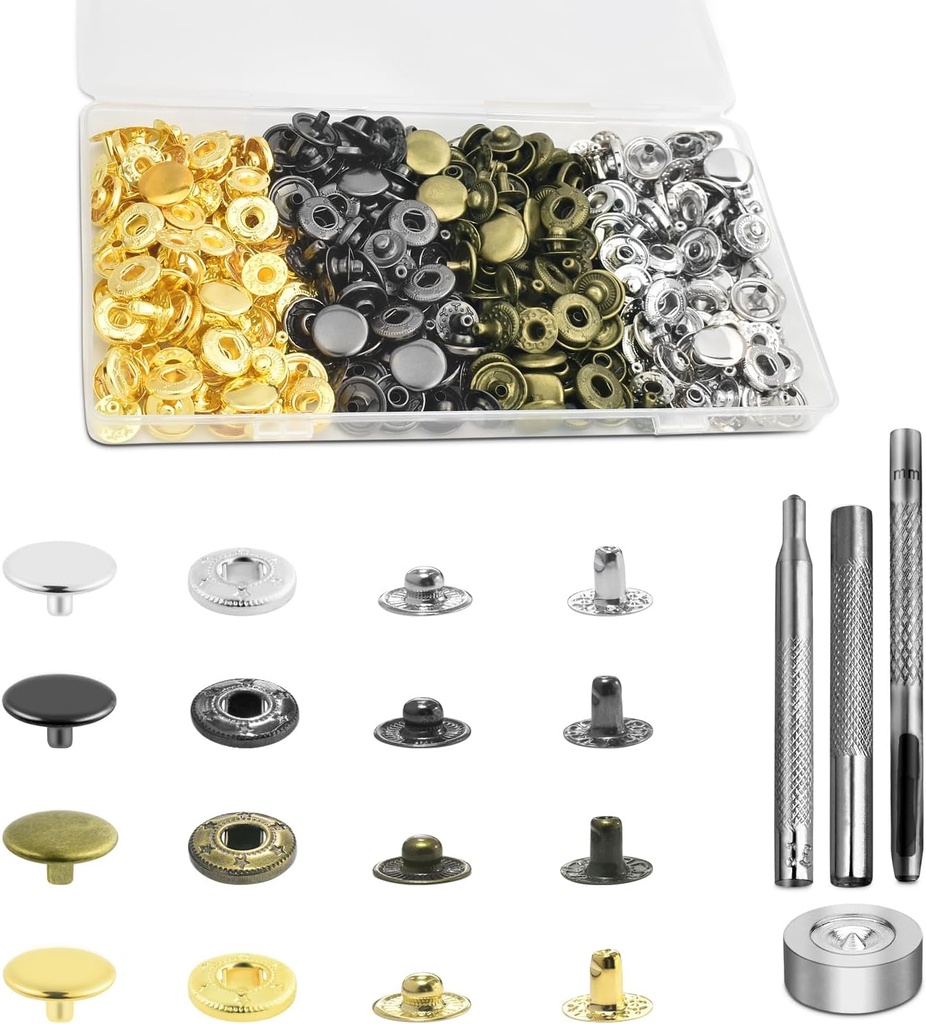 100 Sets Leather Snap Fasteners Kit, 10mm Snaps Button, Metal Snap Buttons Press Studs with 4 Install Tools 4 Colors for Leather Bag Clothes Jackets Jeans Wears Bracelets Fashion DIY Sewing