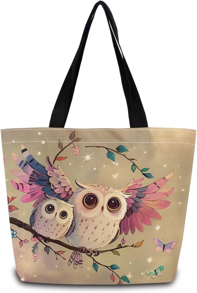 Owl Tote Bag Reusable Grocery Bags Aesthetic Shopping Shoulder Handbag with Interior Zipper Pocket Stylish Owl Pattern Present for Women
