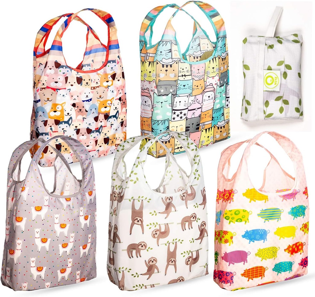 O-WITZ Reusable Grocery Bags | Vibrant Tote Bag For Groceries, Gym, Office, Beach & More | Washable Design With Large Handles For Maximum Convenience | Folds Into A Small Pouch, 5 Pack, Animals
