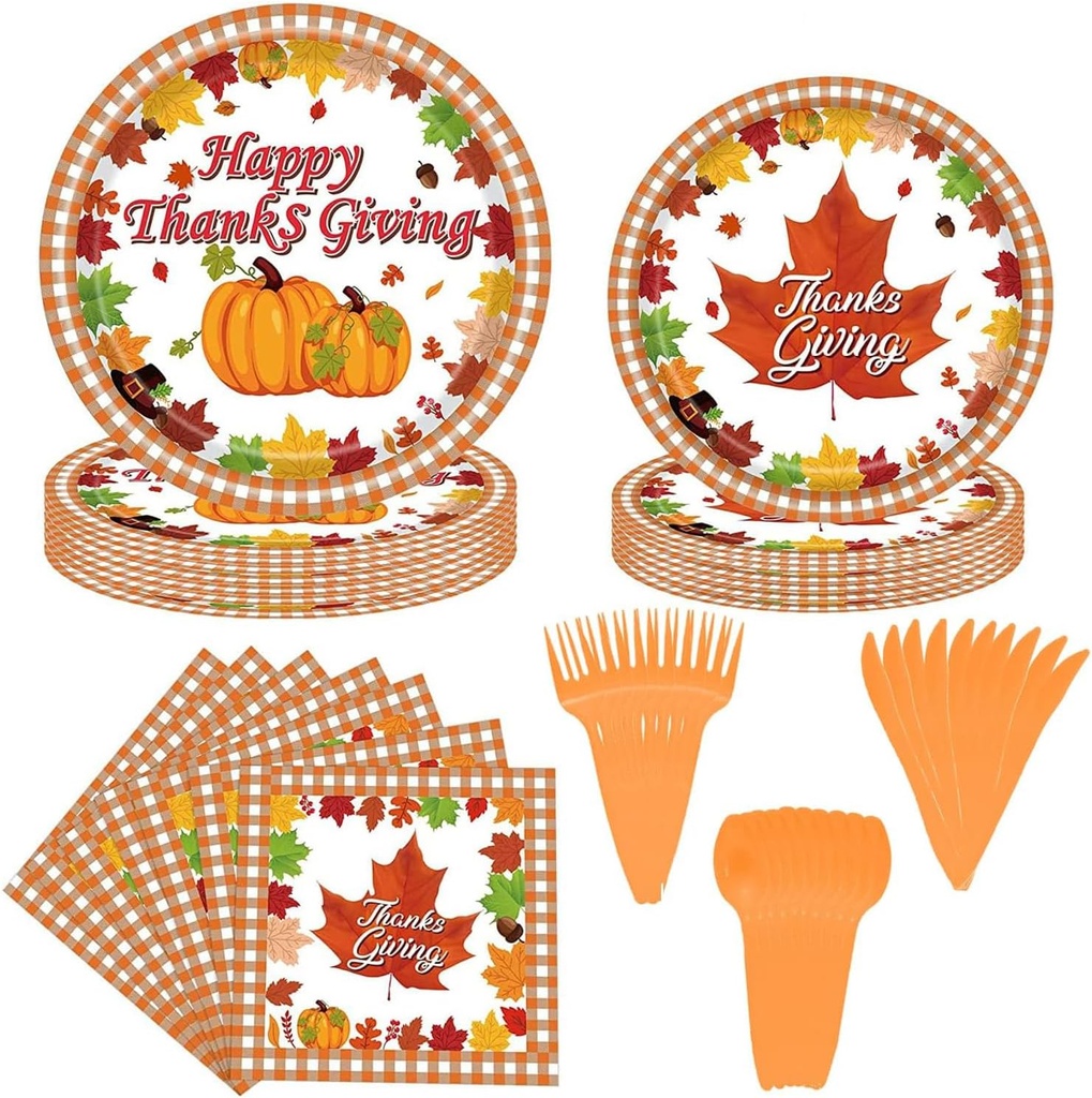 80 Pcs Fall Thanksgiving Party Supplies Give Thanks Party Plates Fall Pumpkin Turkey Autumn Party Plates Napkins Set Disposable Dinnerware Tableware for Thanksgiving Dinner Party, Serves 12
