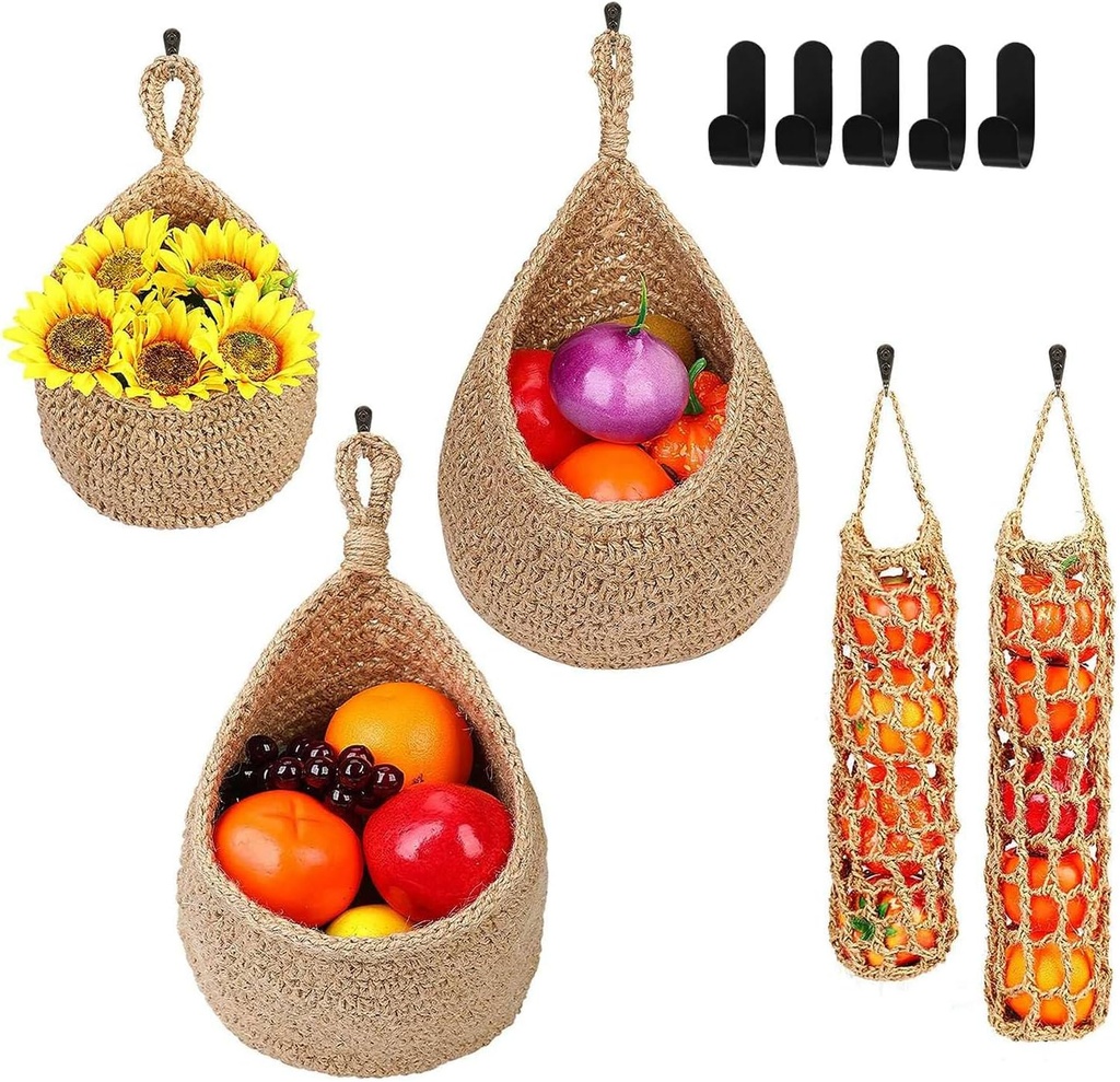 5 Piece Hanging Kitchen Storage Basket Set Brown Wall Hanging Fruit Baskets Pantry Organizer Vegetable Keeper with 5 Hooks