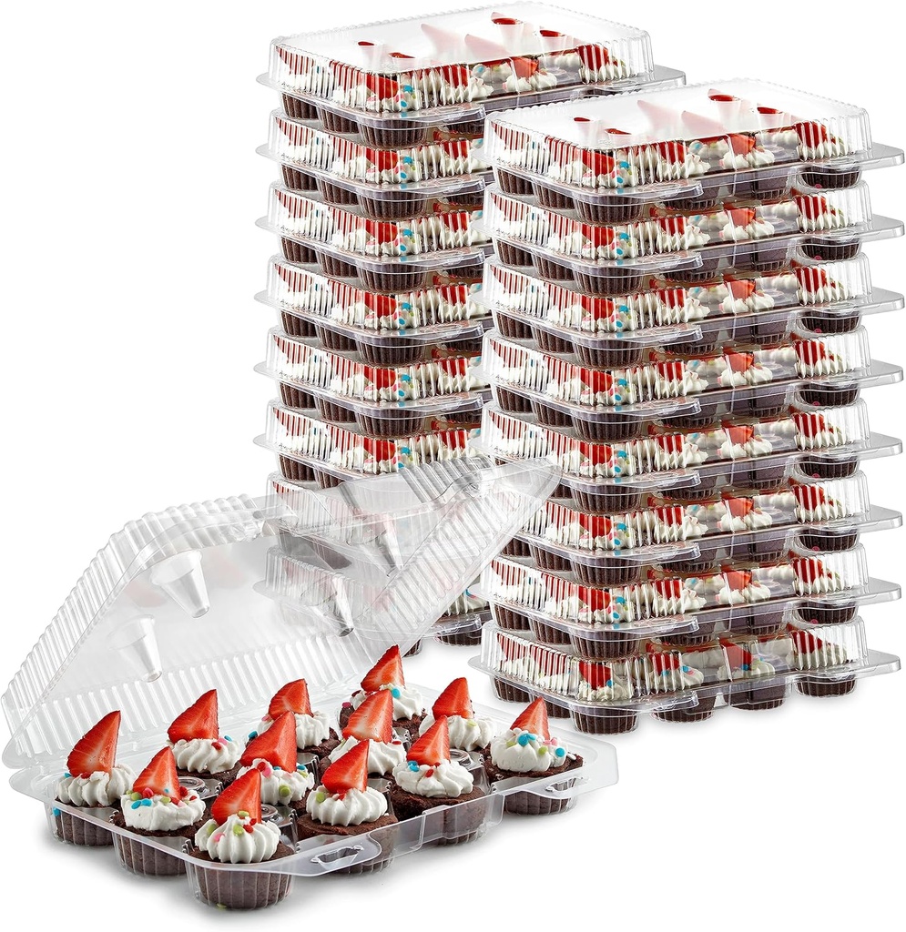Stock Your Home Mini Disposable Plastic Cupcake Containers (40 Pack) 12 - Count Tray Compartment, Small or Mini Cupcakes Box/Holder/Carrier with Clear Connected Dome Lid, BPA Free