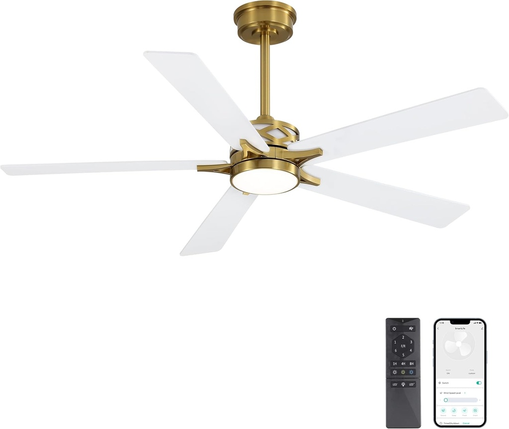 WINGBO 60" Smart Ceiling Fan with Lights and 3 Downrods, 5 Plywood Blades, 6 Speeds Reversible DC Motor, Works with Alexa and Google Assistant, 3CCT Dimmable LED Large Ceiling Fans, Brass and White