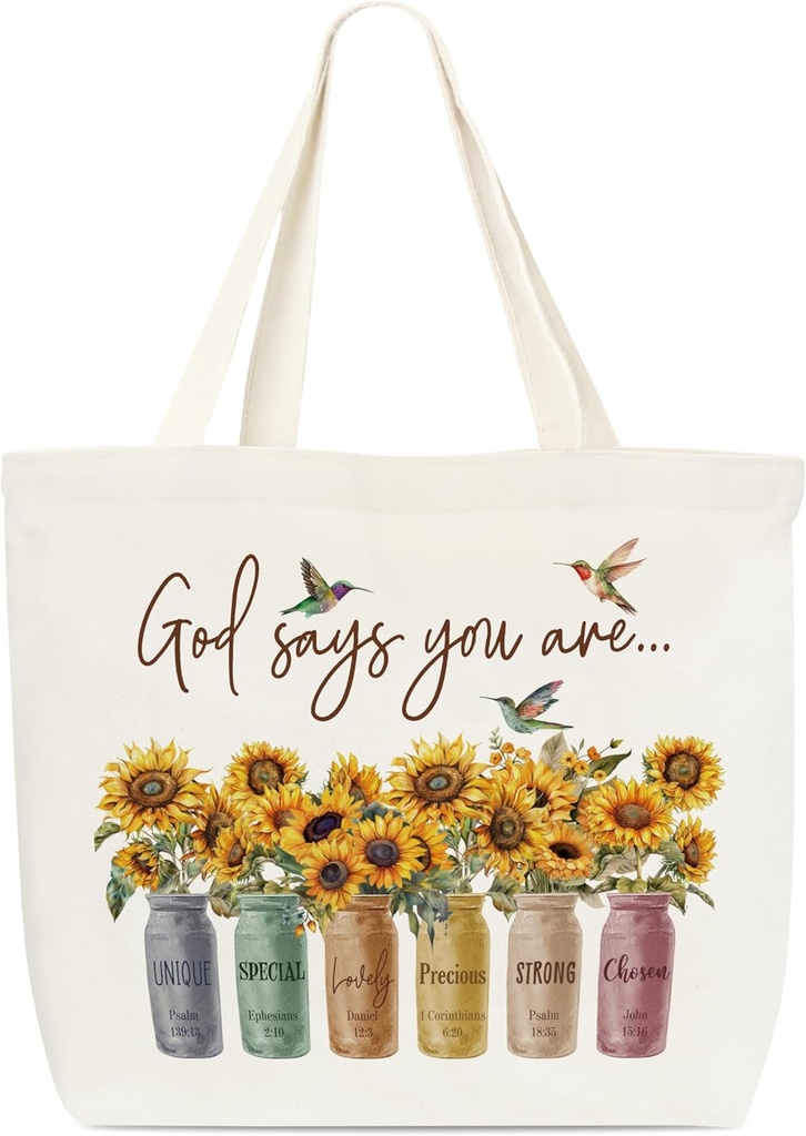 Canvas Tote Bag With Sunflowers - Inspirational Christian Appreciation Gift, Minimalist Reusable Grocery Shopping and Library Shoulder Bag for Bride, Women, Sister, Friends C(30)