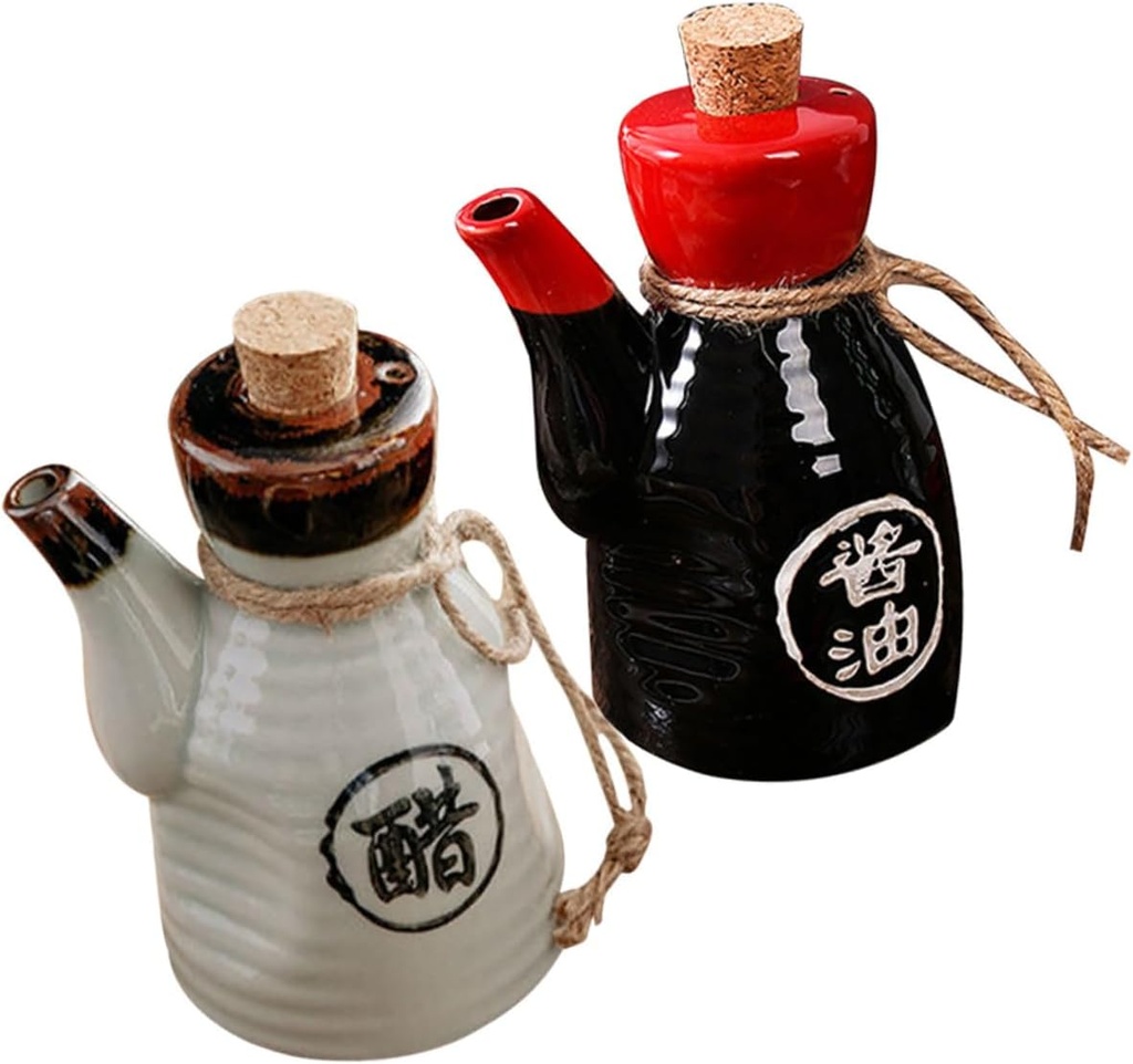 2pcs Japanese Style Ceramic Condiment Dispenser Cork Liquid Seasoning Jar for Kitchen Use Decorative Sauce Bottle for Oils and Vinegars