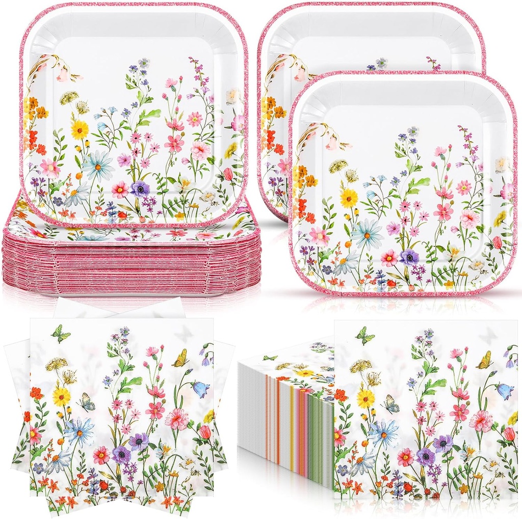 Zhehao 72 Pcs Wildflower Plates and Napkins Set Serve 36, 7" Square Paper Dessert Plates Party Supplies Disposable Dinnerware Decoration for Wedding Birthday Baby Shower Bridal Tea Party Supplies