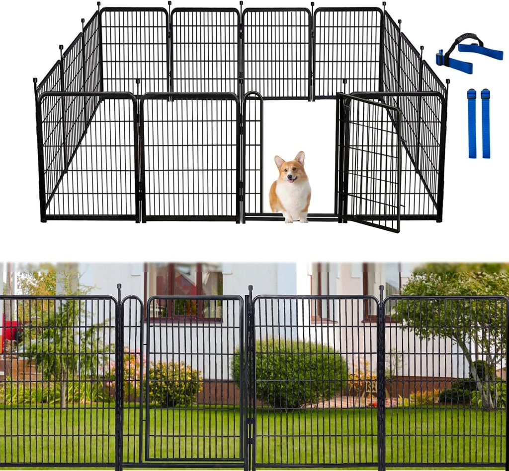 Tall Garden Fences and Borders for Dogs, 48 inch High Garden Fence, 12 Panels Total 26.6 Ft, 21 in Wide Low Threshold Gate. Modular Fencing, Dog Fence Outdoor for Yard. Rabbit Fences
