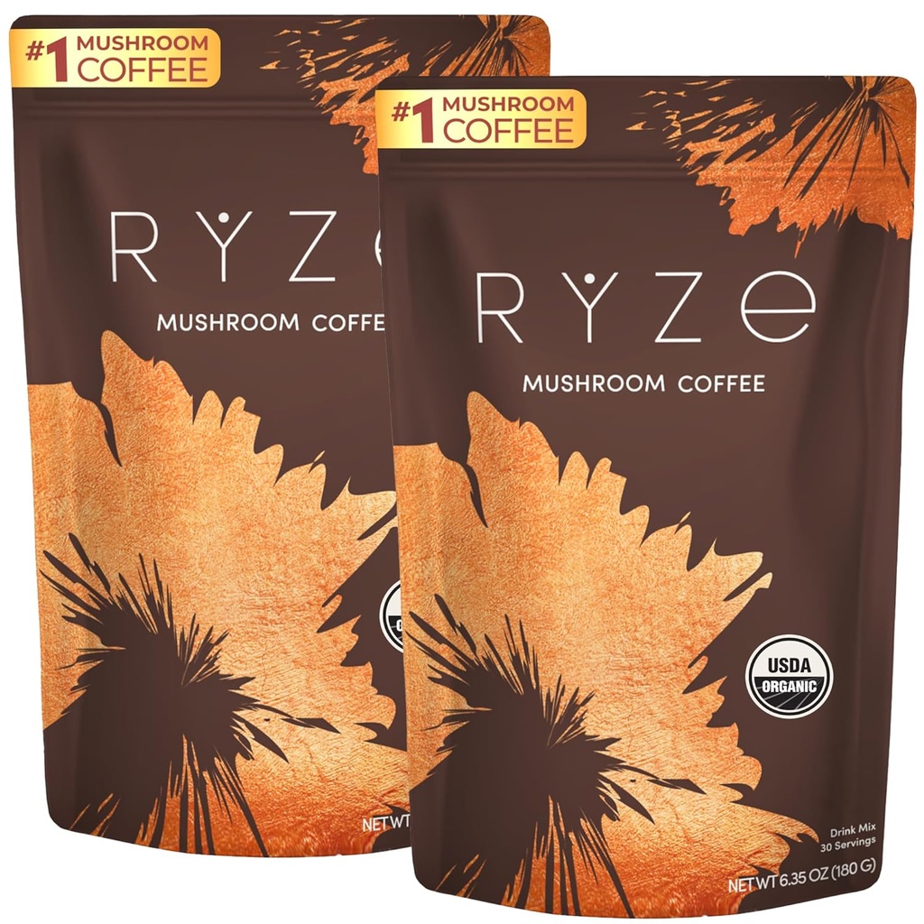 RYZE SUPERFOODS Mushroom Coffee Starter Kit, USDA Organic Instant Coffee with 6 Adaptogenic Mushrooms and MCT Oil for Better Energy, Focus, Digestion, Immunity with Lions Mane & Turkey Tail 60 serving
