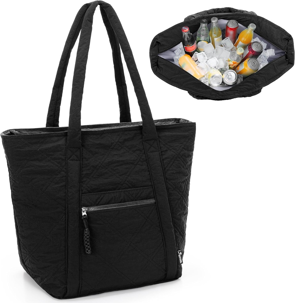 Fasrom Insulated Cooler Tote Bag Holds 30 Cans, Large Leakproof Grocery Bag with Zippered Top, Soft Sided Shopping Bag for Groceries, Food, Drinks, Suitable for Beach, Picnic and Outdoor Use, Black