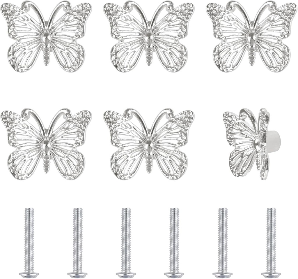 Butterfly Drawer Knobs, 6Pcs Zinc Alloy Cupboard Pull Handles Beautiful Silver Handles for Decorating Drawer, Cabinet,Closet