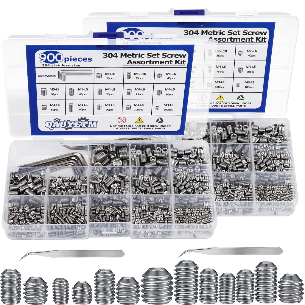 1400Pcs Set Screw Assortment Kit 25 Size Metric & SAE Allen Set Screws for Bathroom Fixture 304 Stainless Steel Internal Hex Drive Cup-Point for Door Knob, Faucets(M3-M8, 1/8"-40 to 5/16"-18)