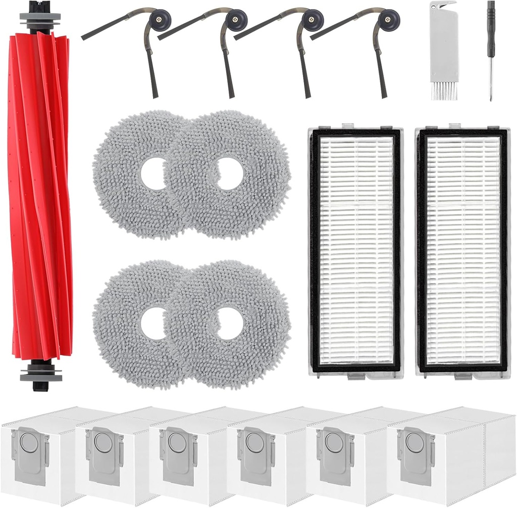 Accessories Replacement Kit for Roborock Qrevo Serie - QV 35A/QV 35S, QR 598/QR 798 Robot Vacuum, 1 Main Brush, 4 Mop Clothes, 2 Filters, 4 Side Brushes, 6 Dust Bags, 1 Cleaning Tool - 18 Pcs
