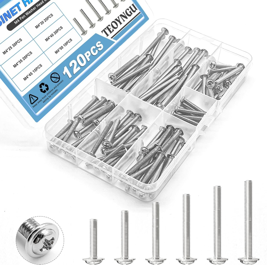 120PCS Assortment，Cabinet Pull and Knob Screws, M4×25/30/35/40/45/50mm, Machine Screws with Pan Washer Head, Metal Phillips Screws Kit for Drawer, Cupboard, Closet Handle Installation