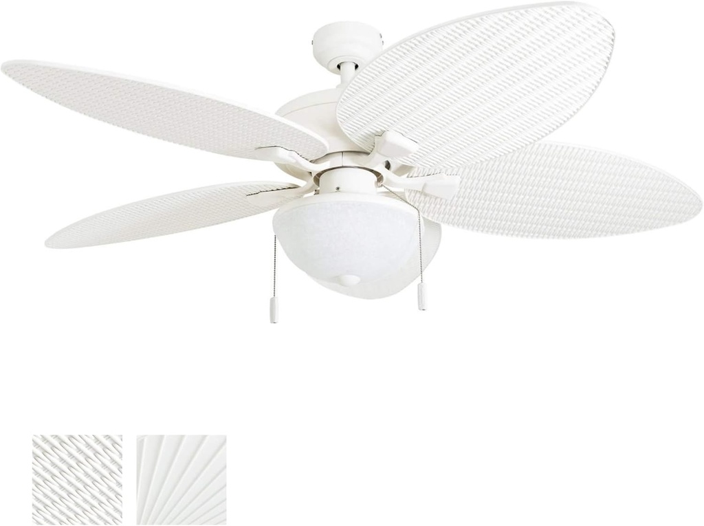 Honeywell Ceiling Fans Inland Breeze, 52 Inch Tropical Indoor Outdoor Ceiling Fan with Light, Pull Chain, Three Mount Options, Weather Resistant Blades - 50511-01 (White)