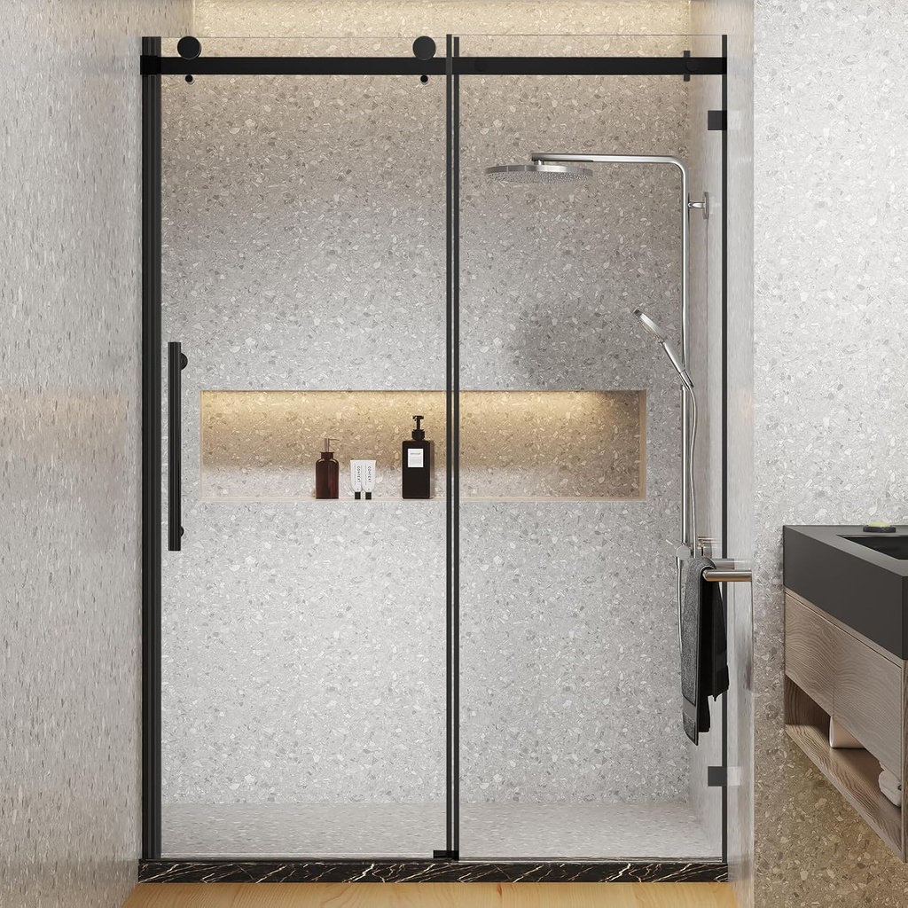 Dimaris Frameless Shower Door, 50-54 in. W x 76 in. H Sliding Glass Shower Door, 1/4 inch Clear Tempered Glass, Nano Coated, Stainless Steel Hardware, Matte Black