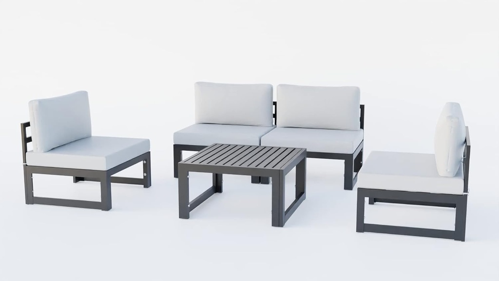 LeisureMod 5-Piece Aluminum Outdoor Patio Furniture Set, Modular Chairs & Coffee Table with Cushions, Rust-Proof Black Frame, Light Grey Weather-Resistant Seating for Balcony or Backyard