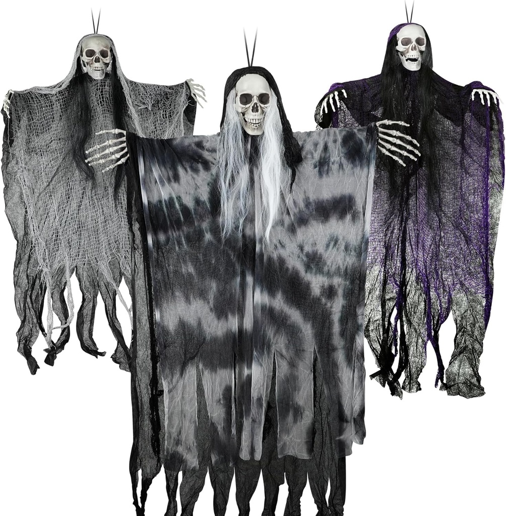 Halloween Decorations Outdoor/Indoor - 3 Pack Hanging Skeleton Ghosts Decorations for Tree, Yard, Window, Garden