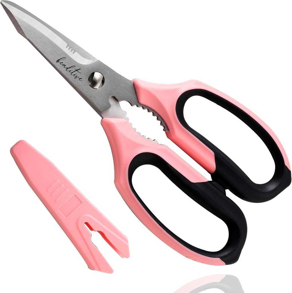 Beaditive Multi-Purpose 8" Kitchen Shears - Detachable, Serrated Blades, Japanese Stainless Steel - Ergonomic Handle, Protective Cover - Dishwasher Safe
