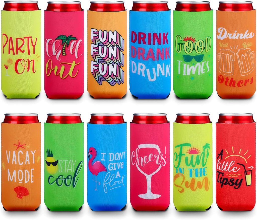Tatuo 12 Pack Slim Can Cooler Sleeve 12 oz Insulated Tall Funny Cans Cooler Covers Bulk Neoprene Skinny Bottle Sleeve for Men Women Birthday Gifts Christmas Party Favors Decorations