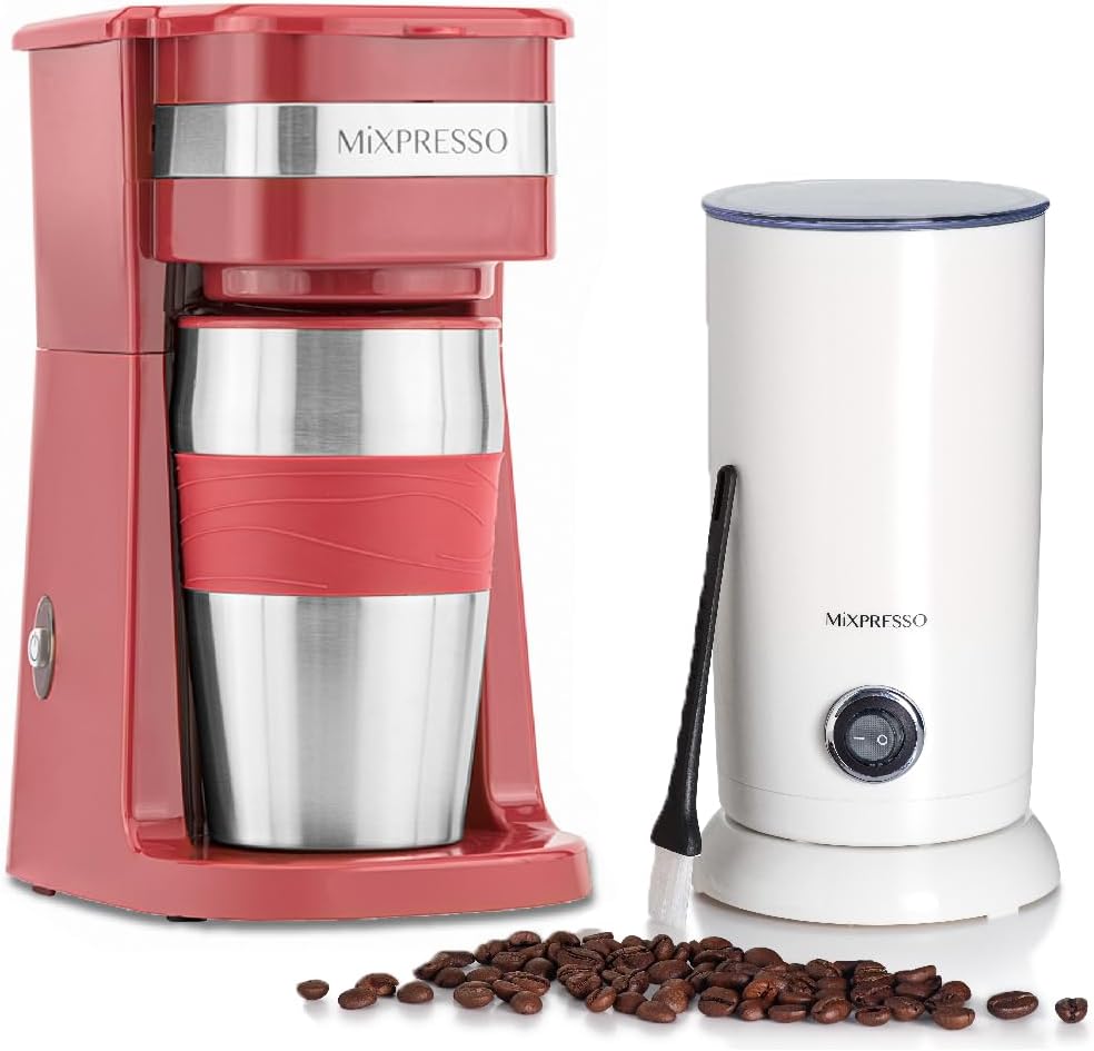 Mixpresso Personal Single-Serve Coffee Maker & 14oz Travel Mug, Drip Small Coffee Maker & Tumbler, Auto Shut Off & Reusable Filter, Compatible with Coffee Grounds Bundle With Electric Milk Frother - L