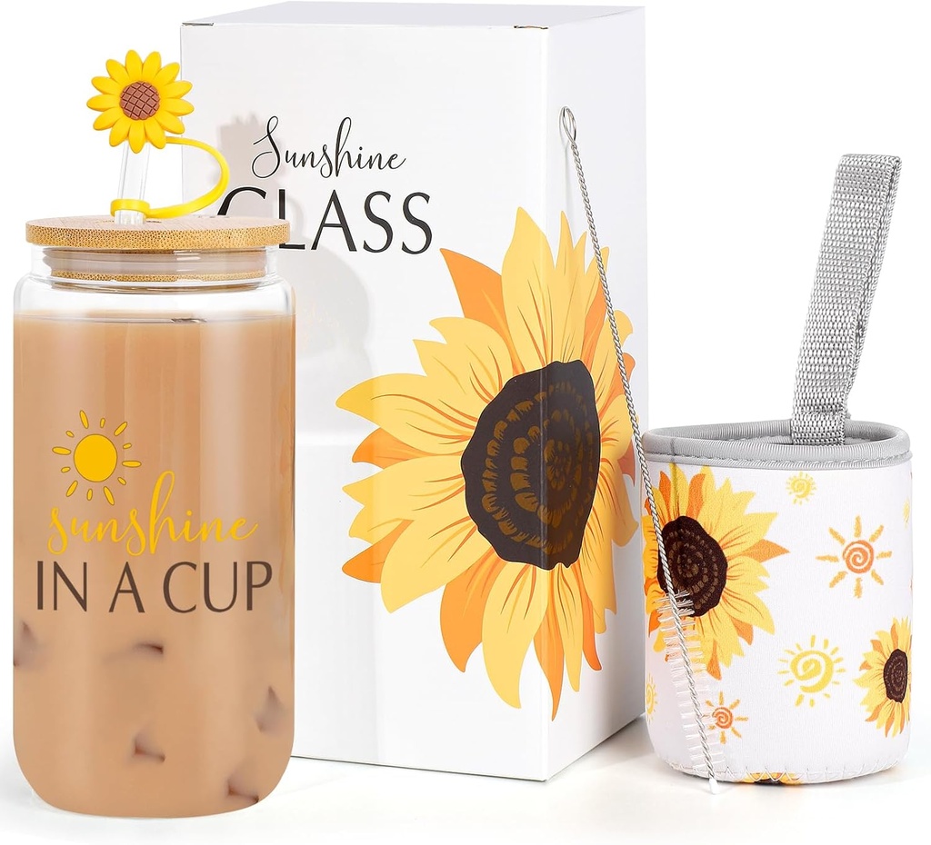 Dosuarue Sunflower Gifts for Women, Iced Coffee Cup, 16 oz Cute Glass Cups with Lids and Straws - Flower Mug Cup, Drinking Glass Tumbler - Christmas, Birthday Gifts for Women Friend Sister