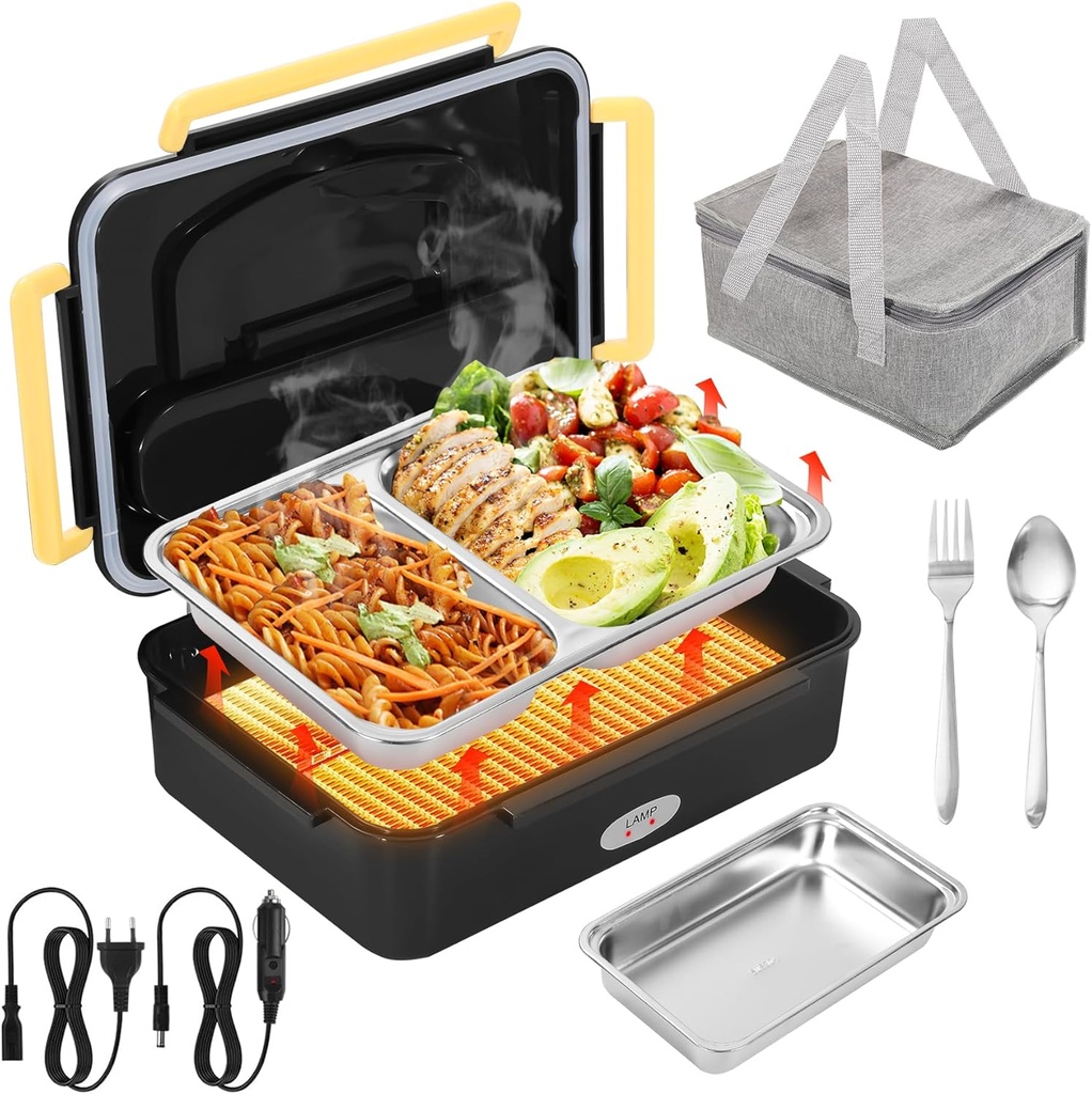 Electric Lunch Box Warmer Car/Truck/Office Heating Lunch Box Food Convenience Warmer Bento Box 110V Household 12/24V With Fork Spoon/Insulated Bag/There are 2 stainless steel containers (Blackyellow)