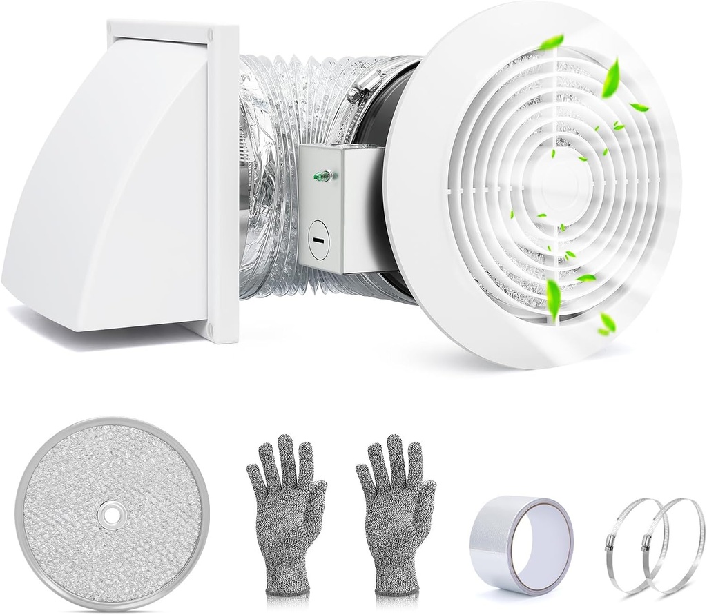 512M 6 Inch Through-the-Wall Exhaust Fan with White Grille, 80 CFM, 4.0 Sone, 16-Inch Retractable Duct, Household Ventilation Fan for Attic, Garage, Kitchen and Bathroom Exhaust Fan, Bathroom Vent Fan