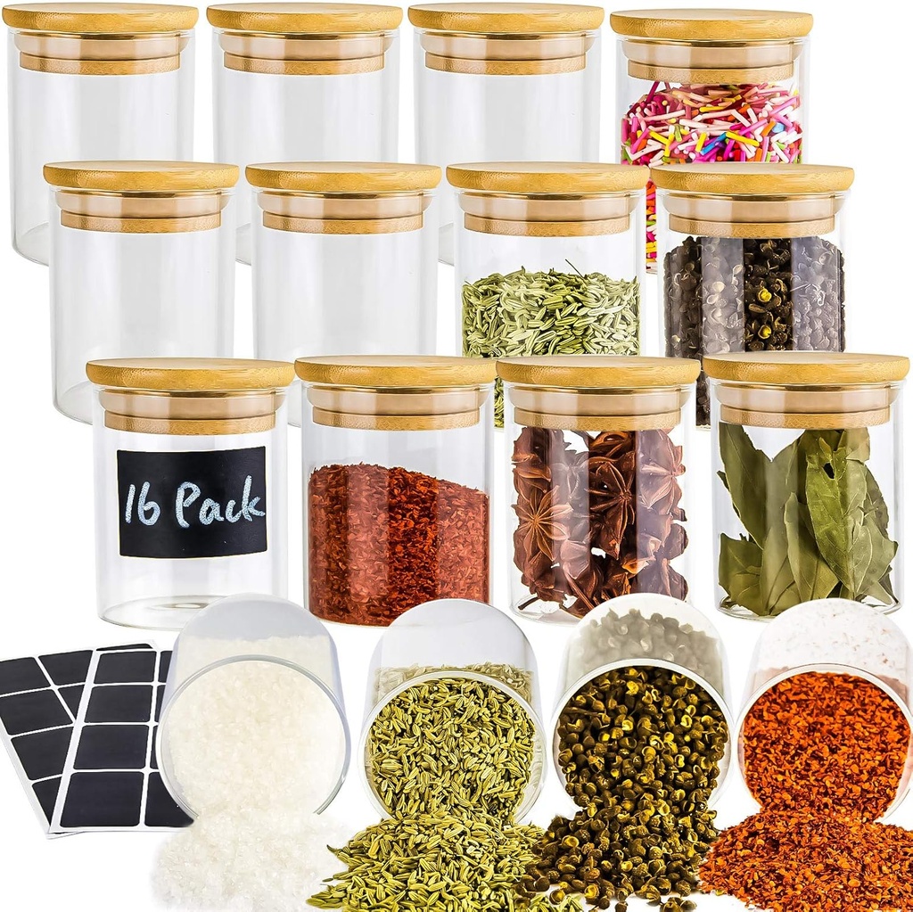 UMI UMIZILI 16 Pack Glass Jars with Lids, Bamboo Lids Spice Jars Set For Spice, Beans, Candy, Nuts, Herbs, Dry Food Canisters for Kitchen Storage (Extra Chalkboard Labels) - 6.5 oz Clear