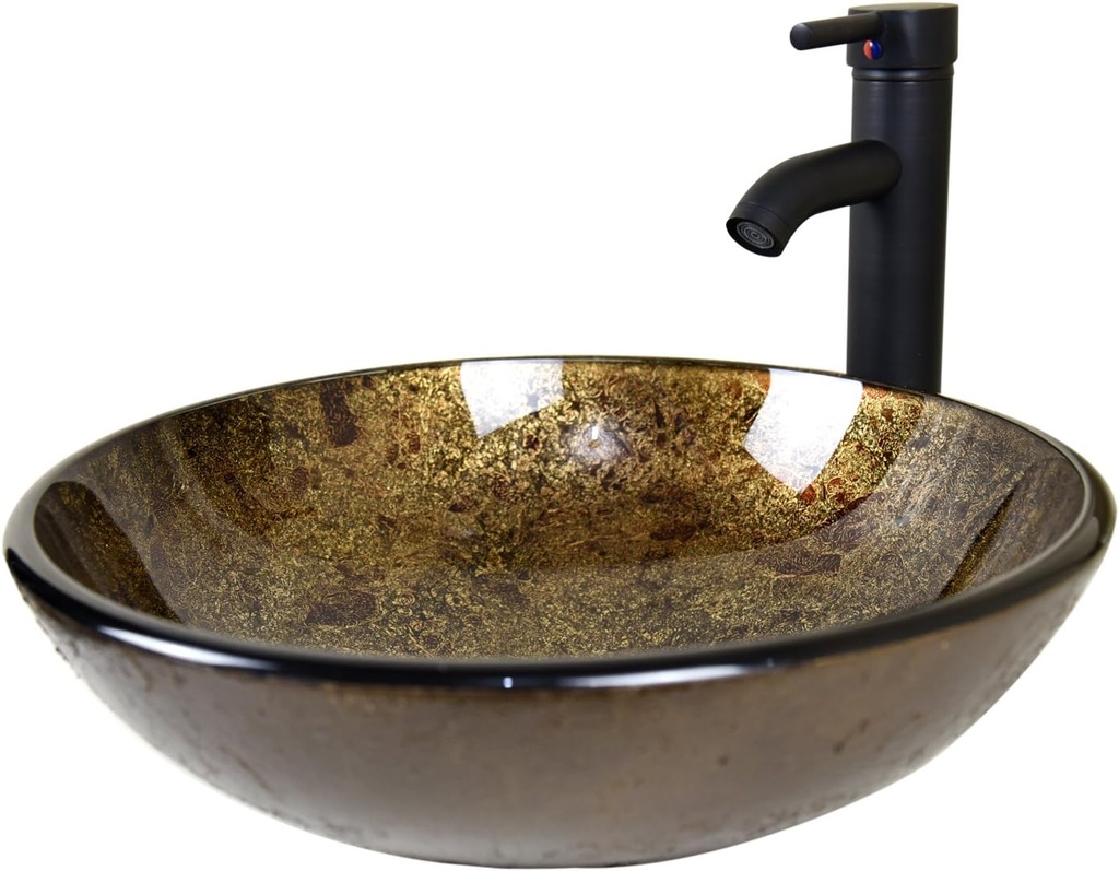 Bathroom Luxury Elegant Tempered Round Artistic Solid Glass Vessel Sink with Oil Rubbed Bronze Faucet & Pop-Up Drain Combo