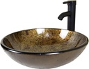 Bathroom Luxury Elegant Tempered Round Artistic Solid Glass Vessel Sink with Oil Rubbed Bronze Faucet & Pop-Up Drain Combo