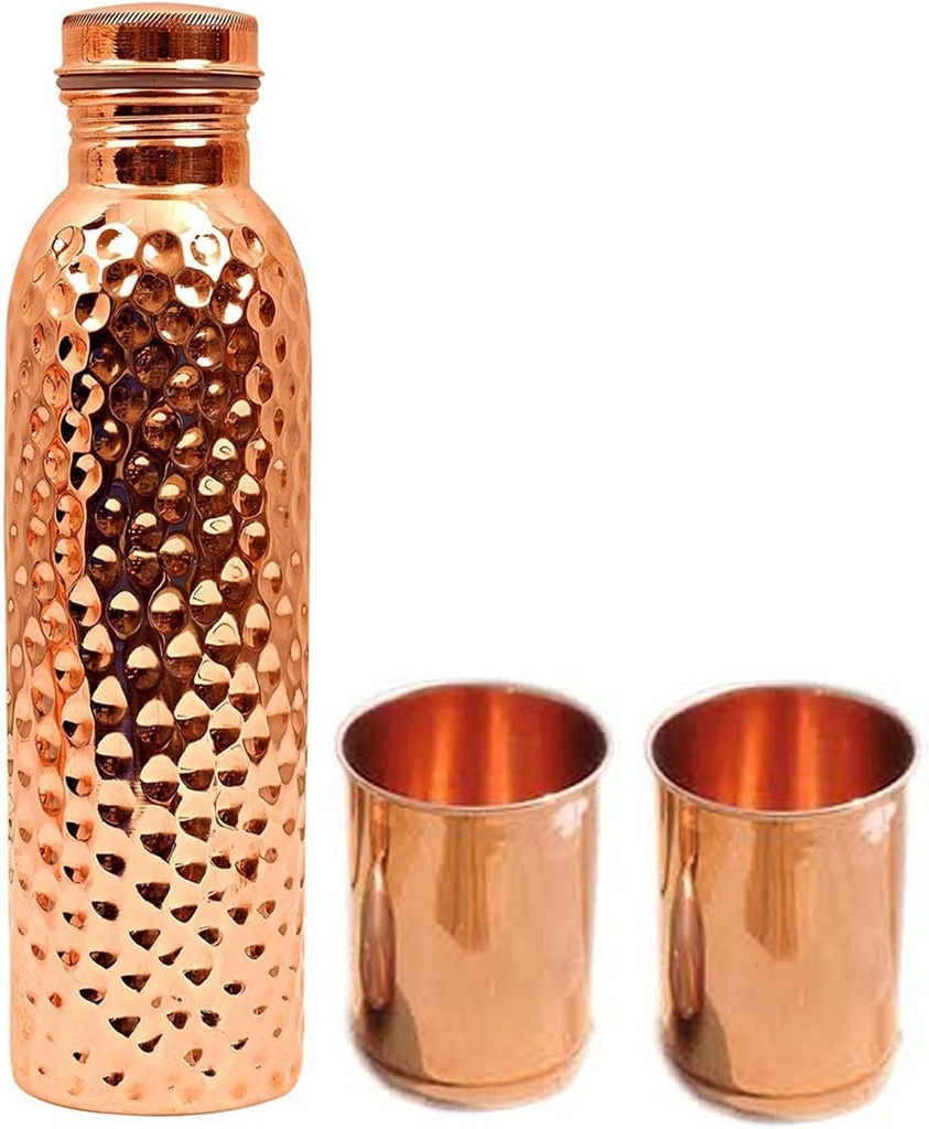 1 Copper Water Bottle With 2 Copper Glass Miz Drinkware Set Water Storage Item Copper Item For Drinking Water- (1000 ml Bottle And 300 ml Each Glass)