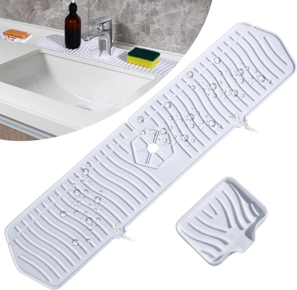 Silicone Faucet Handle Drip Catcher Tray 24 Inch Long - Sink Splash Guard Behind Faucet - Dishwasher Safe Silicone Faucet Mat with Soap Tray for Kitchen, Bathroom, Bar & RV Countertop Protector -White