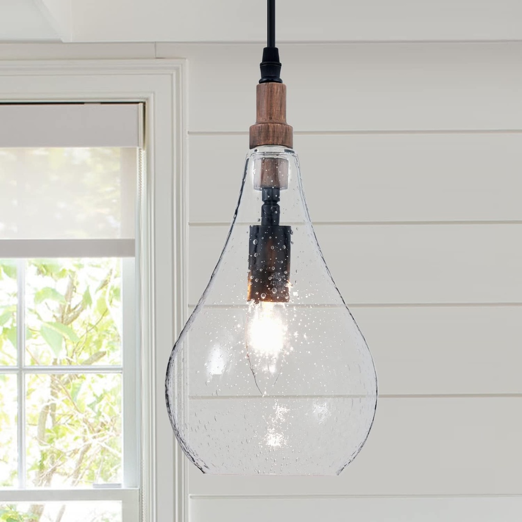 Farmhouse Wood Bubble Seeded Glass Pendant Light Adjustable Industrial Pendant Lighting Fixtures for Kitchen Island Dining Room Bedroom Entryway Sink