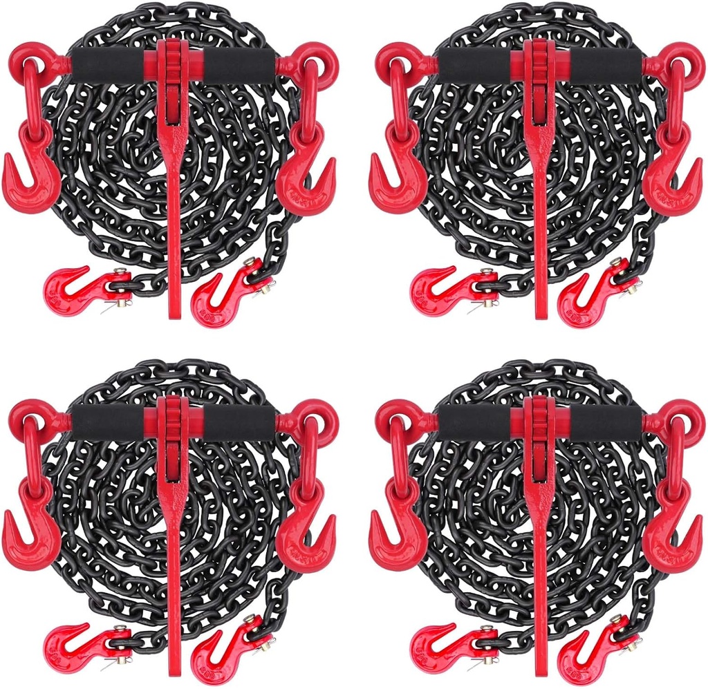Lenchanse Chain and Binders Kit 1/4in - 5/16in 4 Set, Grade 80 1/4'' - 5/16'' Ratchet Load Binders Equipped with G80 Chains 1/4" × 10 feet and G80 Chain Hooks, 2,200lbs Working Load Tie Down Kit