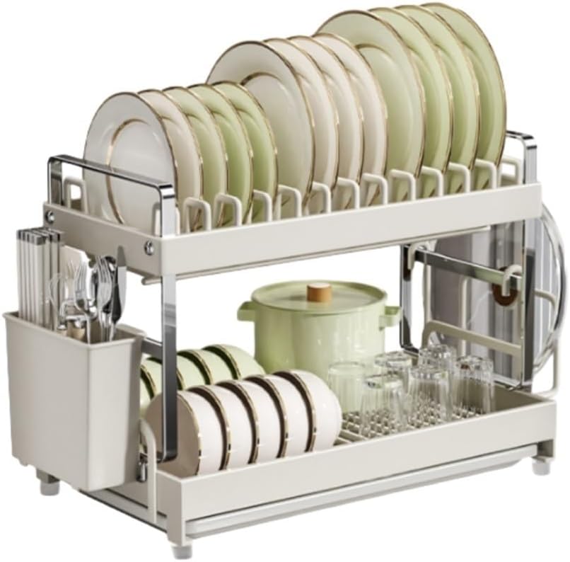 Kitchen Storage Rack, Dish Rack, Organizer with Drain Tray, Countertop Drain Rack, Multifunctional Storage Stand for Kitchen, Dining Room(White)