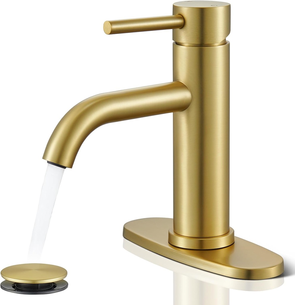 Gold Bathroom Faucet, WINKEAR Single Hole Bathroom Faucet with Pop-up Drain and Flexible Hoses, Single Handle for Sink, Vanity, RV, Modern Farmhouse, Suitable for 1 Hole or 3 Hole