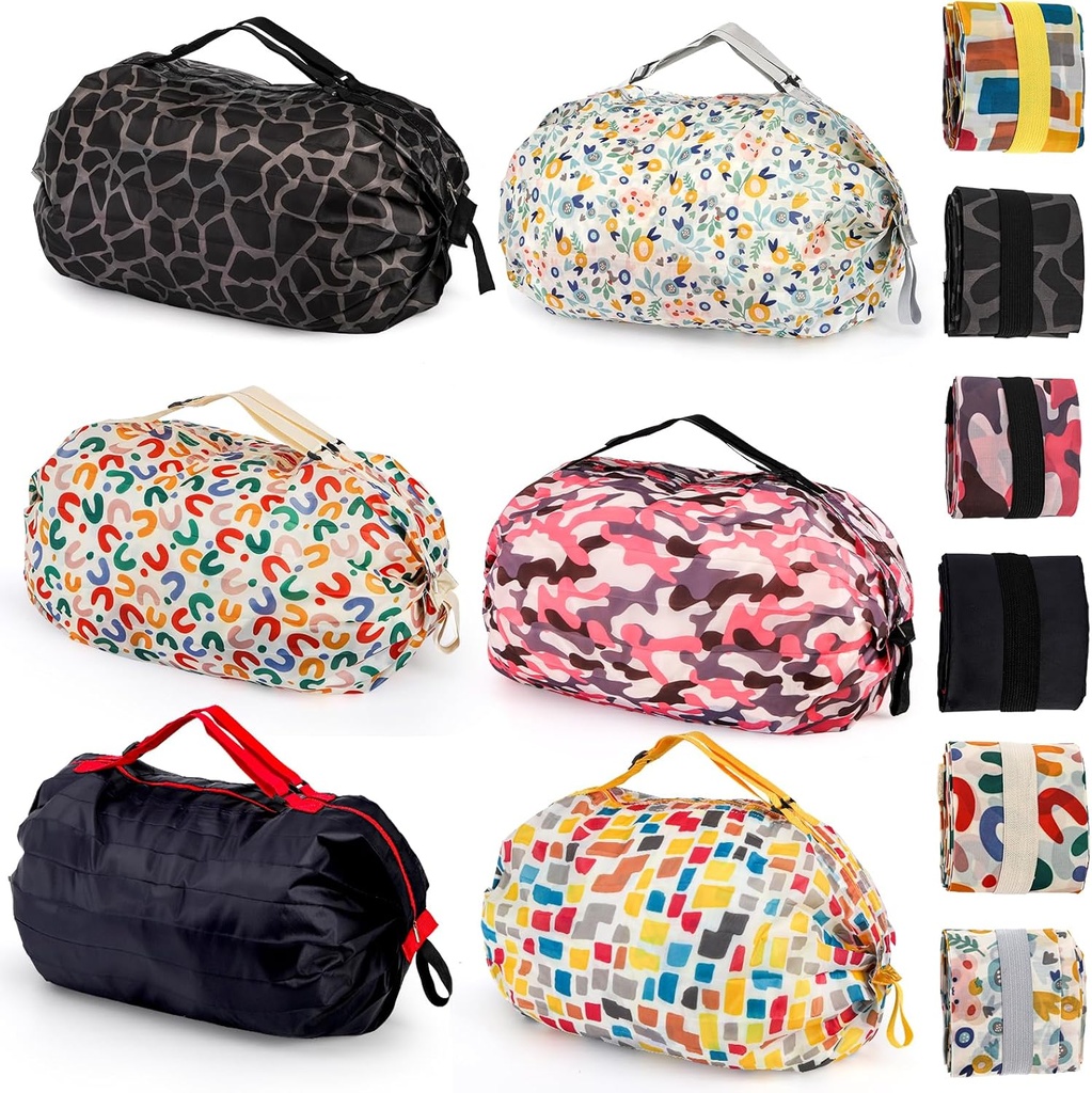 6 Pack Reusable Shopping Bags, Large Capacity Foldable Grocery Tote Bag with Zipper Adjustable Strap, Compact Washable Oxford Cloth Travel Duffel Bag for Outdoor, Gym, Camping