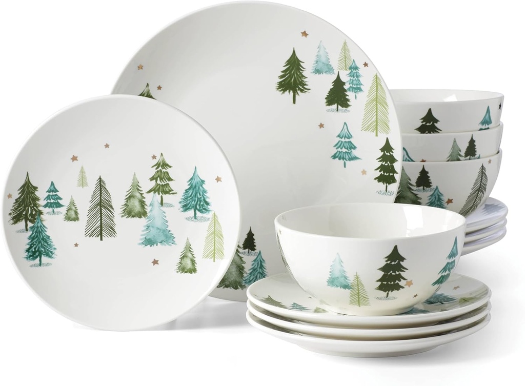 Lenox 893565 Balsam Lane 12-Piece Dinnerware Set, Green, Christmas, Holiday Hosting