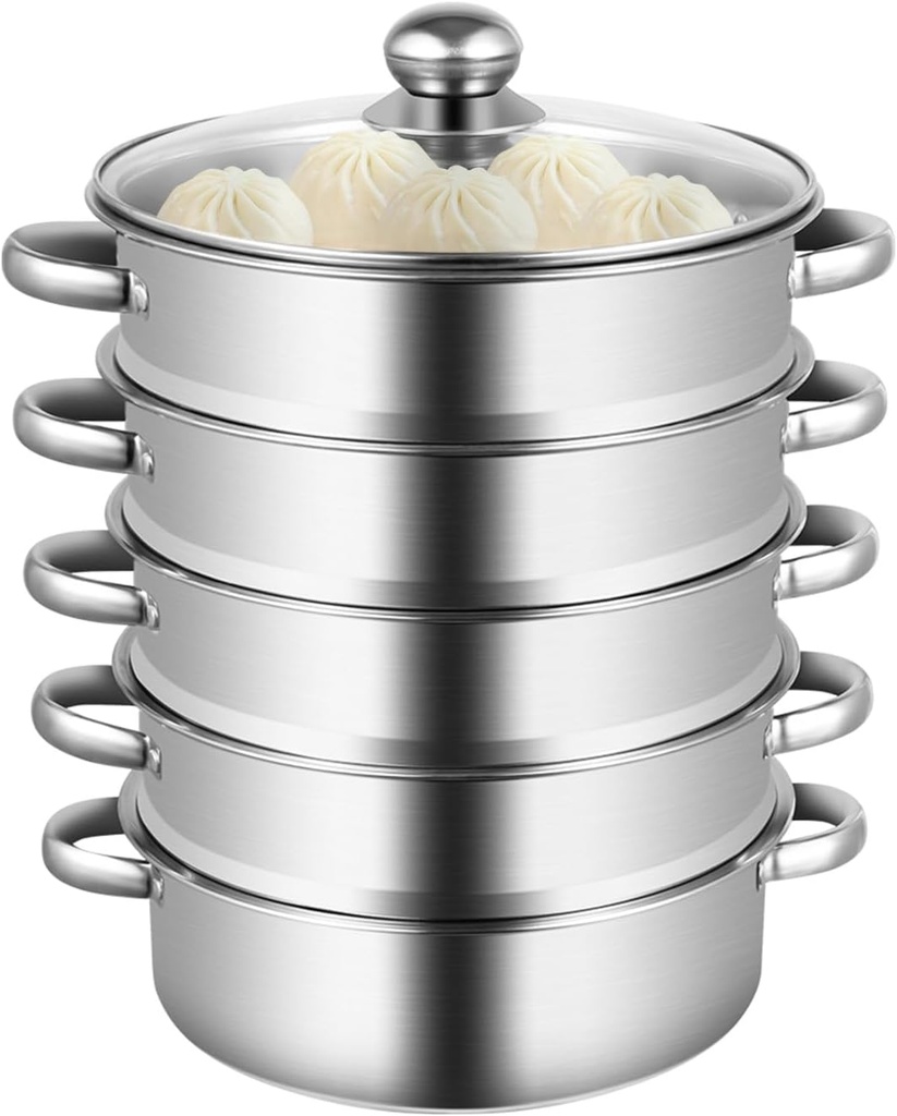 5 Tier Stainless Steel Steamer, 9.44 Inch Multipurpose Food Steamer with Stackable Pan and Lid for Cooking Vegetables, Seafood, Soups, Stews and Pasta (26cm)