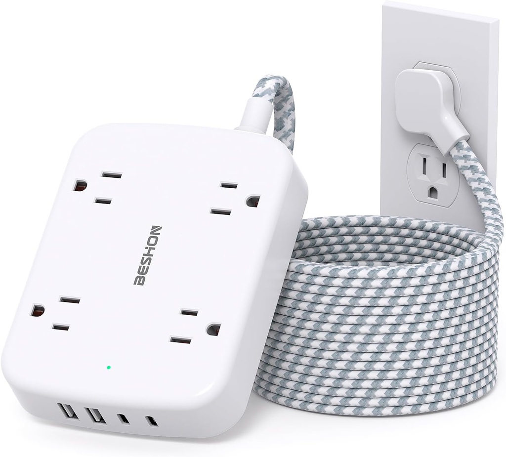 10FT Surge Protector Power Strip, Flat Extension Cord with 2 USB C, Flat Plug Power Strip, 4 Widely Outlets and 4 USB Charging Ports, Outlet Extender, 900 Joules, for Home Office Dorm Room Essentials