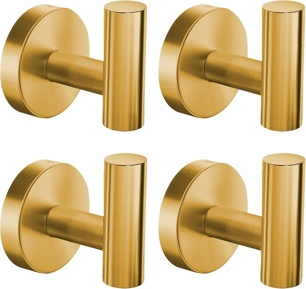 VAEHOLD Wall Towel Hooks, Heavy Duty Holder Waterproof Bathroom Towel Hooks for Hanging Coat, Clothes, Closet Hook Wall Mount for Kitchen (Gold, Drilling 4 Pack)