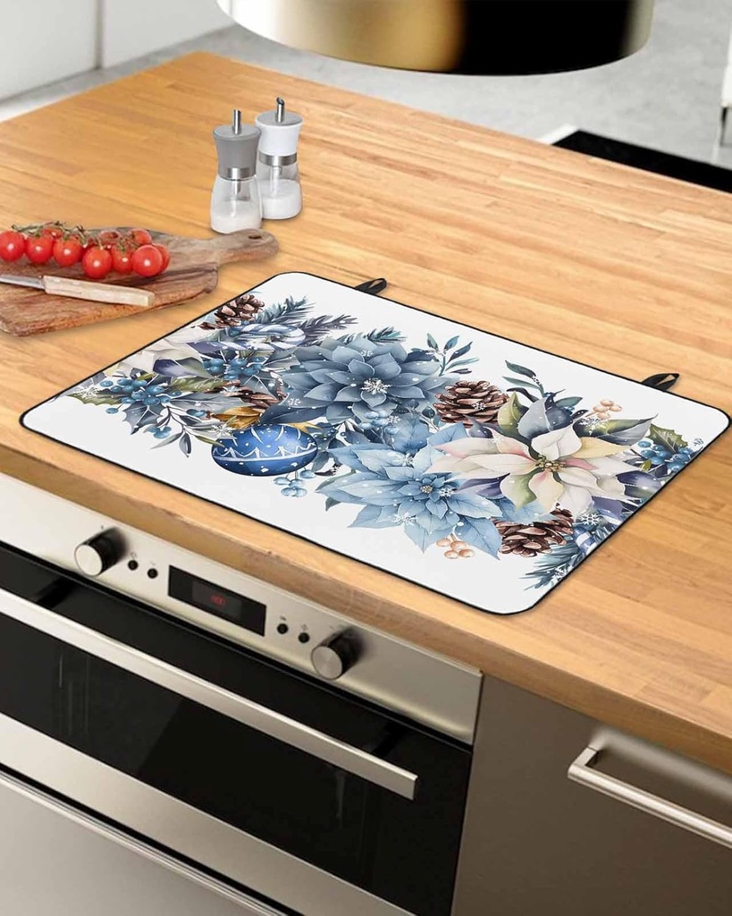 Winter Countertop Burners Protection Mats for Kitchen, Poinsettia Floral Christmas Berries Rubber Stove Top Cover Mat, Heat Proof Mats Cooktop Cover for Counter Dish Drying Mat, 31"x24"