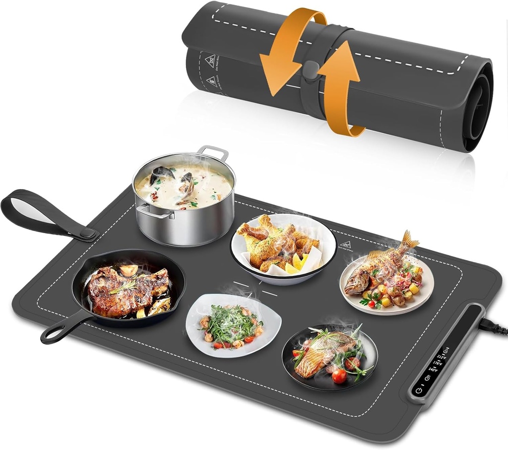 Warming Mat for Food - Food Warmers for Parties Buffet, Electric Warming Tray Full Surface Even Heating with 3-Level Temp Adjustable & Auto Timer, Roll-Up Silicone Heating Pad for Home,Travel (Grey)