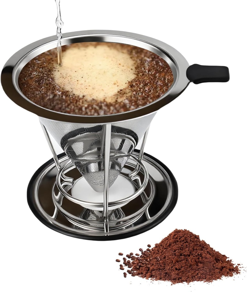 Pour Over Coffee Dripper, Abnaok Stainless Steel Filter,Easy to Clean Paperless Pour Over Coffee Maker,Reusable Filter,Cone Dripper with Removable Cup